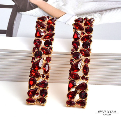 RED RHINESTONE LONG DROP EARRINGS