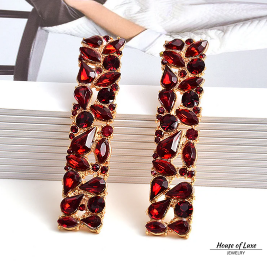 RED RHINESTONE LONG DROP EARRINGS