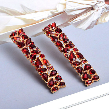 RED RHINESTONE LONG DROP EARRINGS